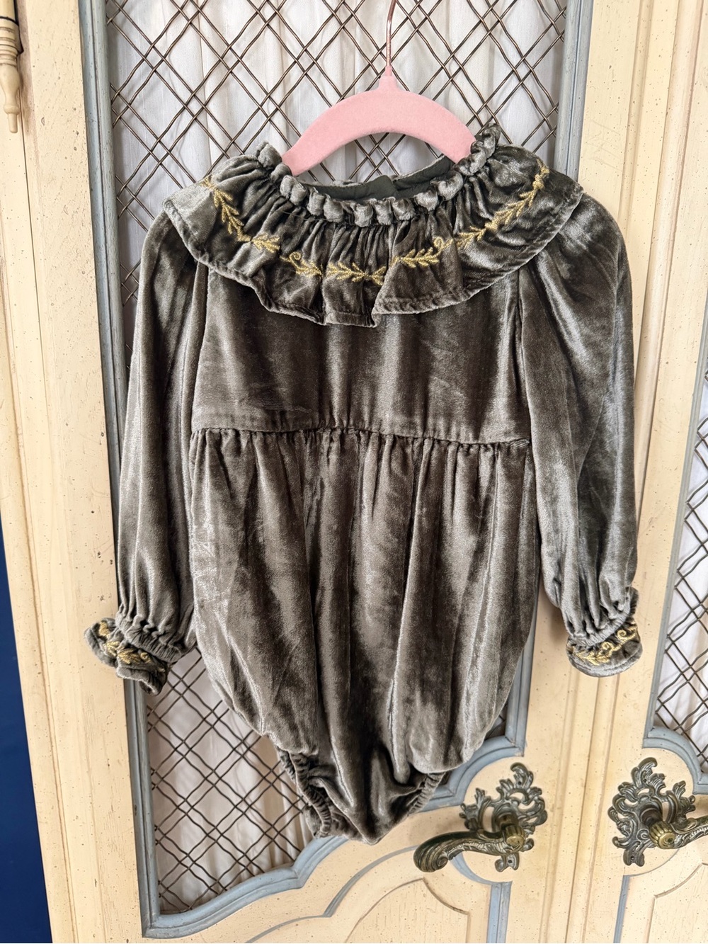 Velvet Smocked Collar Baby Romper - Olive Green